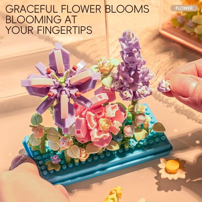 Flower Fairy DIY Flower Plant Building Blocks Toy - Creative Botanical Collection for Kids and Adults Home and Collection Art Home Office Decor with Dust Cover