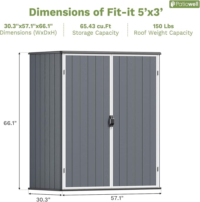 Patiowell Outdoor Storage Shed 5x3 FT, Plastic Garden Organizer Cabinet with Lockable Doors & Strong Roof for Patio Furniture, Pool Accessories, Lawn Tools, Dark Grey