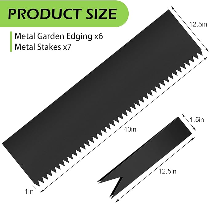6PCS Galvanized Steel Landscape Edging Kit, 40" L x 12.5" H (20ft Total) Steel Landscape Lawn Edging for Lawn Yard, Coated Bendable Metal Strips, No-Dig Hammer-in Edging Border w/7Clips