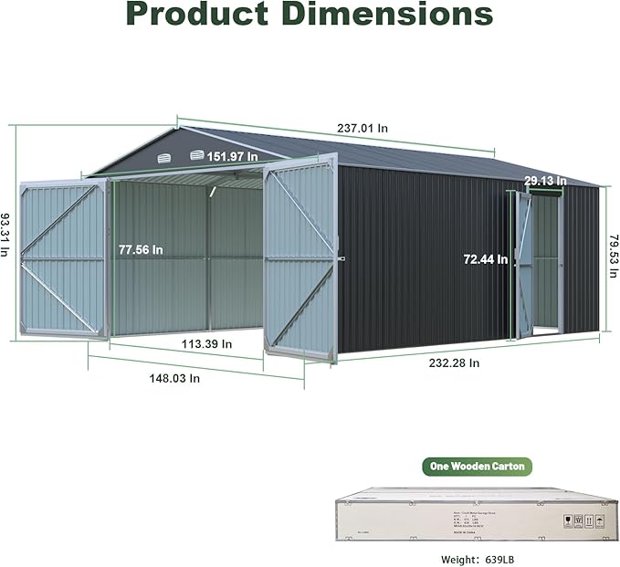 Metal Garage Shed 20x13 FT, Sheds & Outdoor Storage Clearance, Outdoor Storage Shed for Car, Truck, Bike, Lawnmower, Backyard Tool House Building 2 Doors and 4 Vents Dark Gray