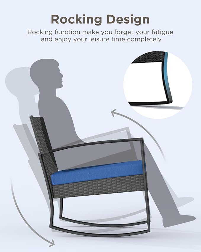 3 Piece Patio Bistro Set Patio Furniture Set Outdoor Wicker Rocking Furniture Conversation Set with Tempered Glass Coffee Table for for Front Porch Balcony and Deck (Blue Cushion)