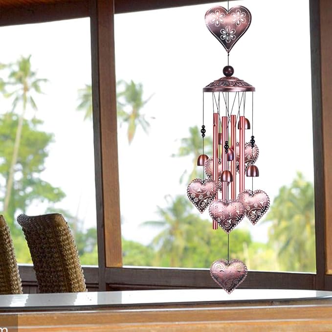 Loving Heart Wind Chimes Outdoor Indoor Decor - with 4 Aluminum Tubes 6 Bells 7 Hearts Mobile Romantic Wind Catcher Heart Shaped Windchimes for Home, Mom Gifts, Balcony, Festival, Garden Decoration