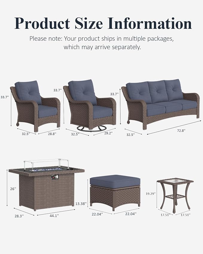 LayinSun 10 Piece Wicker Outdoor Furniture Set with 6-inch Comfy Cushions, High Back Patio Furniture Set with Swivel Rocking Chairs and Fire Pit Table