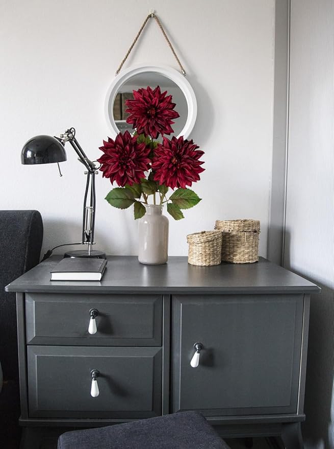 Hollyone 3Pcs Dark Red Fake Dahlia Flowers Fall Flowers Artificial for Decoration Silk Flower with Long Stem 28" Floral Arrangements Bouquets Autumn Faux Dahlias Centerpieces Fall Decorations for Home