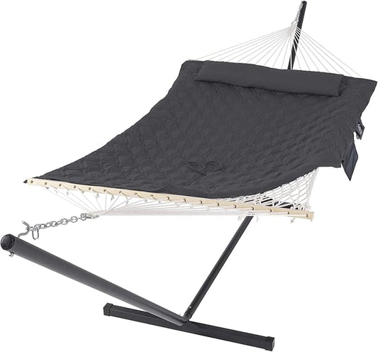 SUNCREAT Hammocks for Outside with Stand, Extra Large 2 Person Hammock with Stand, Dark Gray Drops