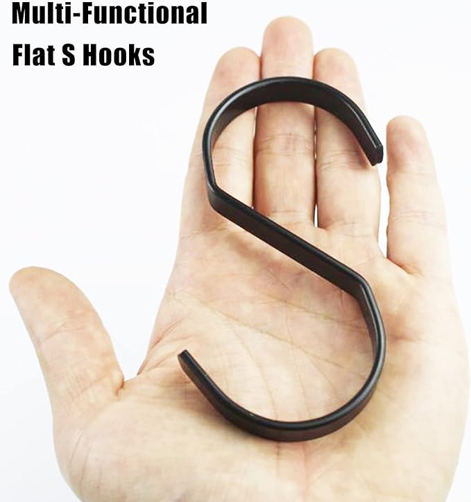 16-Pack 4 Inch Flat S Shape Hooks Heavy-Duty Chrome Finish Hanging S Hooks for Kitchenware, Pots, Utensils, Plants, Towels, Gardening Tools, Clothes (Black)
