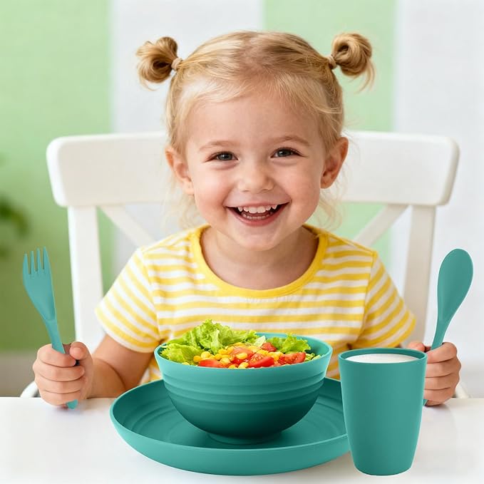 Wheat Straw Dinnerware Sets for 4, Unbreakable & Lightweight Plates and Bowls Sets, Travel Camping Cutlery Set, Dishwasher Microwave Safe 20-Piece Dinnerware - Dark Green