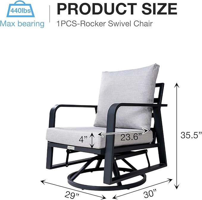 Aluminum Swivel Rocker Patio Chair Set of 1，Outdoor Rocking Chair for Porch Deck Balcony Garden (Dark Grey)