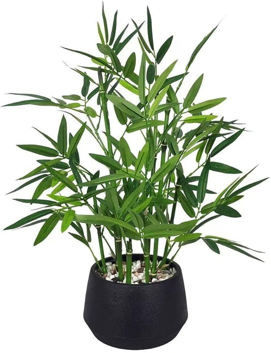 365 Blooming Decor 18-inch Tall Potted Faux Bamboo Plant (Black Pot) - Luxury Artificial Bamboo in Black Textures Pot for Home, Office, Kitchen, Counter Top, Indoor Decor, Money Tree, Lucky Tree
