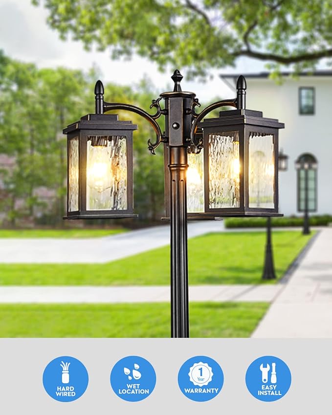 VIANIS Dusk to Dawn Lamp Posts Outdoor Lighting, Triple Head Street Light Pole Lamp for Outside, Waterproof Outdoor Post Light Fixtures Black with Tempered Ripple Glass for Garden Yard Patio Driveway