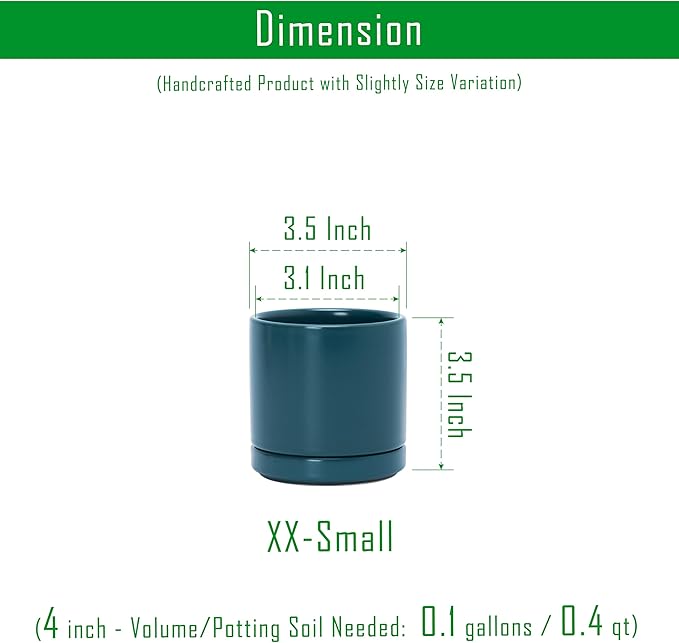 D'vine Dev Set of 2 Plants Pots, 3.5 Inch Ceramic Planter Pot for Plants with Drainage Hole and Saucer, Teal, 94-V-A-9
