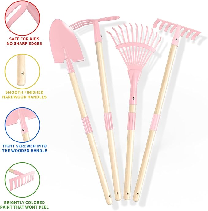 Kids Wheelbarrow Set with Gardening Tools Outdoor Backyard Garden Play for Toddlers Boys Girls 3-8, with Shovel, Rake, Leaf Rake, Easter Birthday Gifts (Pink Garden Set)
