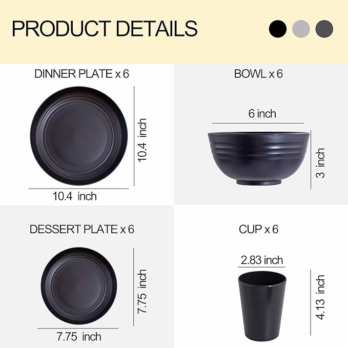 Rubtlamp 24Pcs Kitchen Plastic Wheat Straw Dinnerware Set,Dinnerware Sets for 6,Microwave Dishwasher Safe Plates, Unbreakable Reusable Plastic Wheat Straw Bowls & Plate for Camping