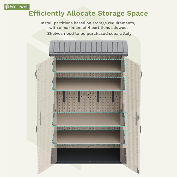 Patiowell 50 cu.ft Plastic Outdoor Storage Shed, Lockable Waterproof Resin Storage Cabinet Vertical Storage Shed for Garden Tools, Garbage Cans, Pool Supplies, Beige(Not Include Shelves)