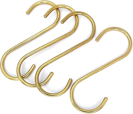 4 Pack S Hooks for Hanging Jeans, 3-3/4" Sturdy Solid Copper Heavy Duty Gold Pots Pans Mug Cups Plants Coat Hat Bags Towel Clothes Hanger