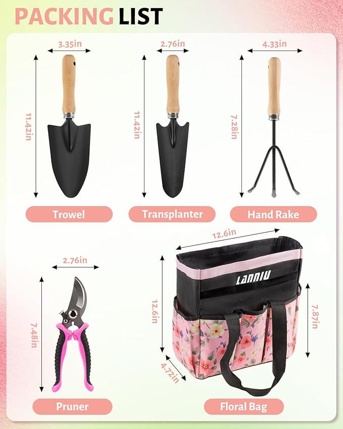 Pink Gardening Tools, Garden Tool Set for Women,5 Piece Womens Gardening Kit with Floral Garden Bag,Gifts for Wife (5-Piece Pink)