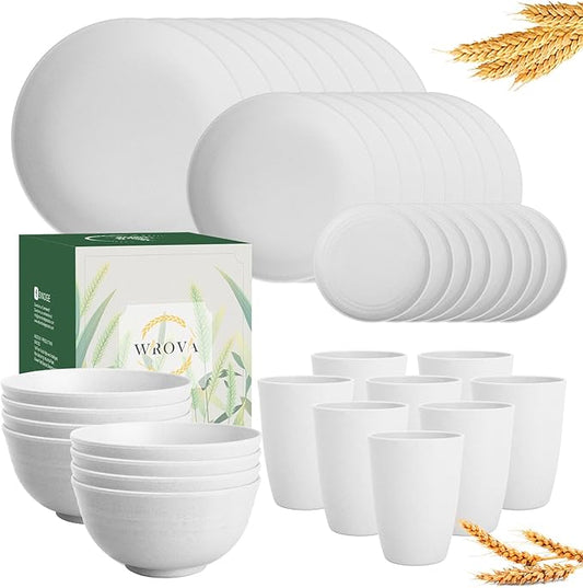 Wrova Wheat straw bowl and plate sets of 40 with cups for kids - Unbreakable plastic dinnerware sets service for 8 - Microwave and Dishwasher safe dish sets for kitchen and camping. White