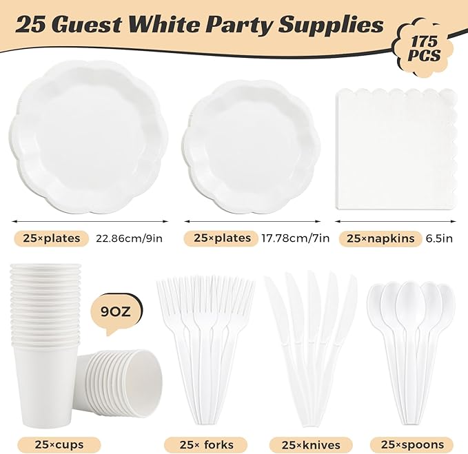 175 Pcs White Plates and Napkins Set, 25 Guest White Party Supplies Include Scalloped Plate Paper Napkin Cup Forks Knives Disposable Plastic Cutlery for Wedding Baby Shower Birthday Party