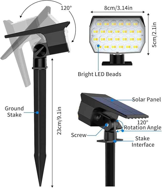 3 Colors Solar Lights Outdoor Waterproof IP65 Outdoor Solar Spot Lights for Yard 52 LEDs 600LM Solar Powered Landscape Spotlights Solar Security Wall Lights for Garden Pathway Outside- 6 Pack