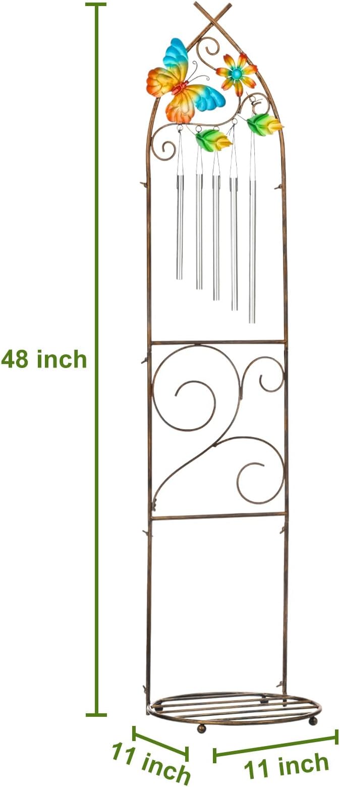 Plant Stands with Garden Trellis, 48” Metal Standing Wind Chimes Plant Pot Trellis with Butterfly for Garden Patio Backyard Climbing Plants Outdoor Decor