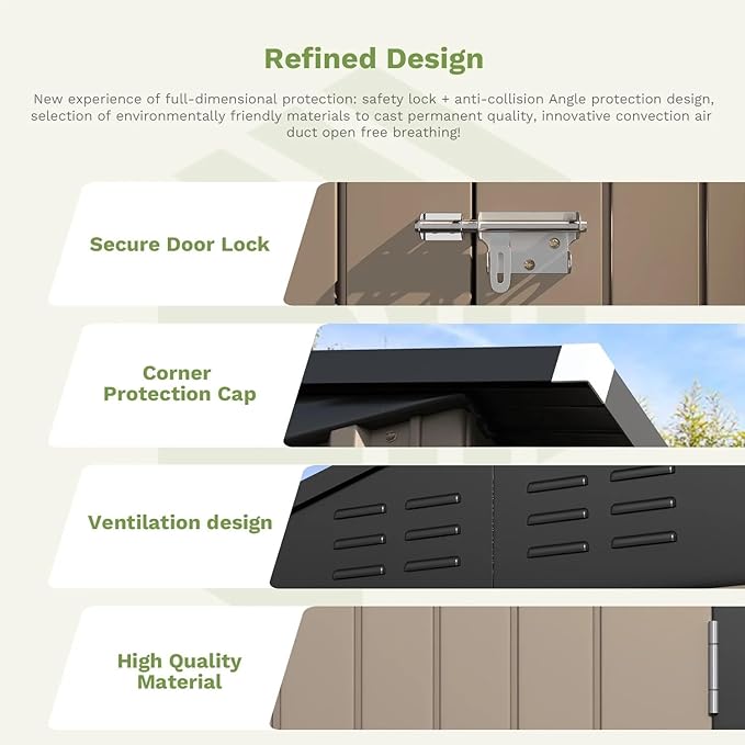 Greesum 6×4FT Outdoor Storage Shed, Metal Patio Storaged Sheds with Lockable Doors, Sheds & Outdoor Storage for Bike, Backyard, Pool and Garden, Brown