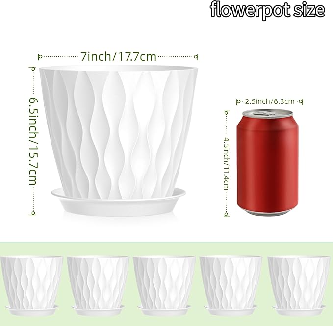 7 Inch Plant Pots 5 Pack, Plastic Flower Pots with Drainage Holes Saucers, Indoor Outdoor Planters for Plants, Lightweight Durable,White
