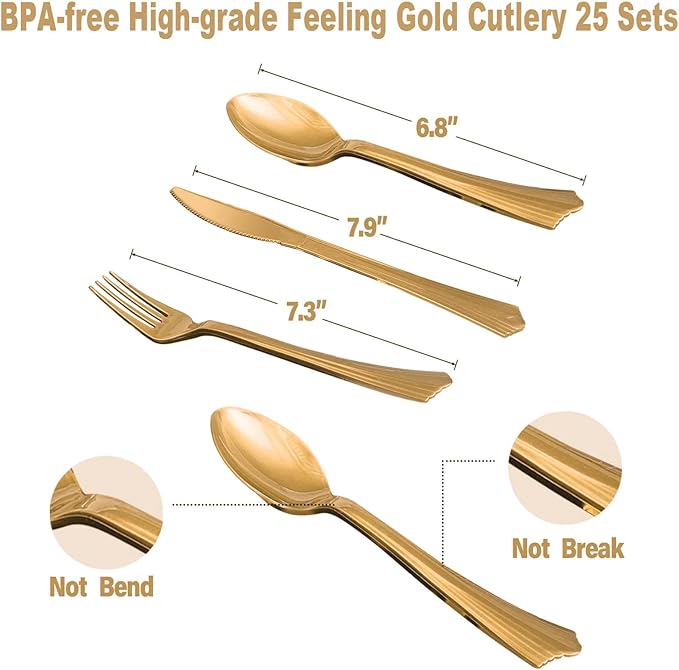 AIRE 175PCS Black Gold Paper Plates Party Supplies Dinnerware Sets for 25 Guests, Disposable Paper Party Plates, Dessert Plates, Cups, Napkins, Plastic Spoons, Forks, Knives for Wedding, Birthday