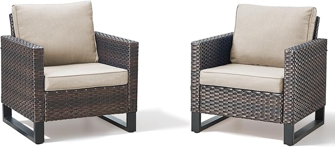 Wicker Outdoor Patio Chairs Set of 2-High Back Rattan Patio Club Chairs with Thickened Cushions Wide Armrest All Weather Patio Furniture Set for Deck Porch Balcony(Brown/Beige)