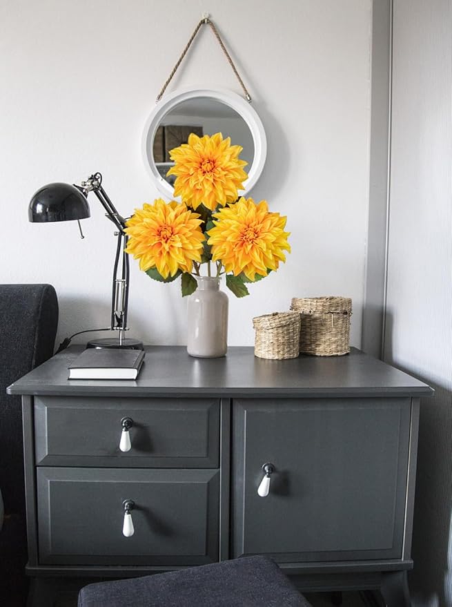 3Pcs Yellow Artificial Dahlia Flowers Fall Fake Flower Silk Flowers with Long Stem 27.5" Floral Arrangements Bouquets Autumn Faux Dahlias Flowers for DIY Wedding Party Centerpieces Home Decor