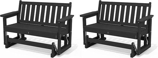 SERWALL Outdoor Glider Bench Set of 2, HDPE Weather-Resistant Swinging Bench for Backyard Garden Porch, Black