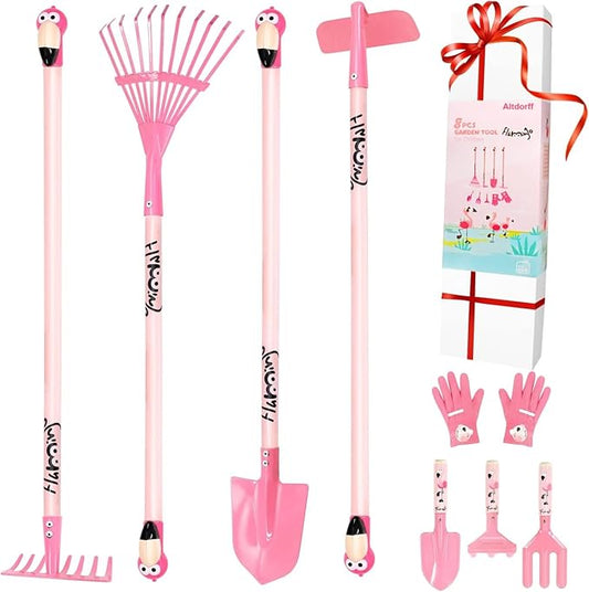 Kids Gardening Tool Set Pink, Kid Rake and Shovel Set, 29.6'' Metal Leaf Rake, Shovel, Hoe and Mini Garden Yard Tools, Gardening Toy Gift for Kids Age 3+ Years(Pink), Develop Intelligence