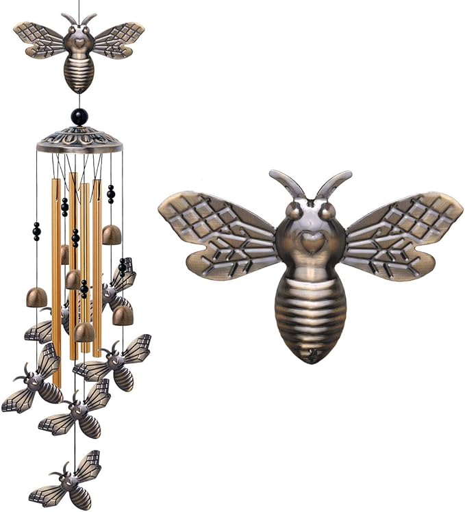 Garden Bee Wind Chimes Outdoor Indoor Decor - with 4 Tubes 6 Bells 7 Bees Wind Chime, Mobile Romantic Bee Wind Catcher, Bees Windchimes for Home, Mom Gifts, Balcony, Tree, Festival, Garden Decoration