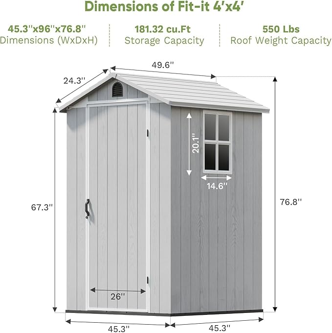 Patiowell 4 x 4 FT Plastic Outdoor Storage Shed with Floor, Garden Tool Shed with Two Windows and Single Lockable Door for Garden, Backyard, Lawn, Easy to Install (Light Gray)