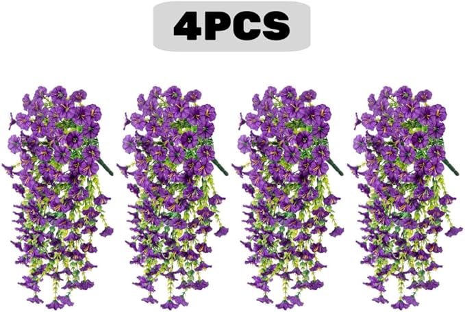 4PCS Artificial Hanging Flowers for Outdoor Decor UV Resistant Fake Morning Glory Realistic Silk Spring Summer Hanging Plants for Porch Patio Balcony Yard (Purple)