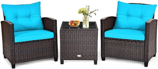 HAPPYGRILL 3 Pieces Patio Conversation Set, Outdoor Furniture Set PE Rattan Sofa Set with Removable Cushions, PE Wicker Chairs with Tempered Glass Side Table for Porch Lawn Garden Balcony Backyard