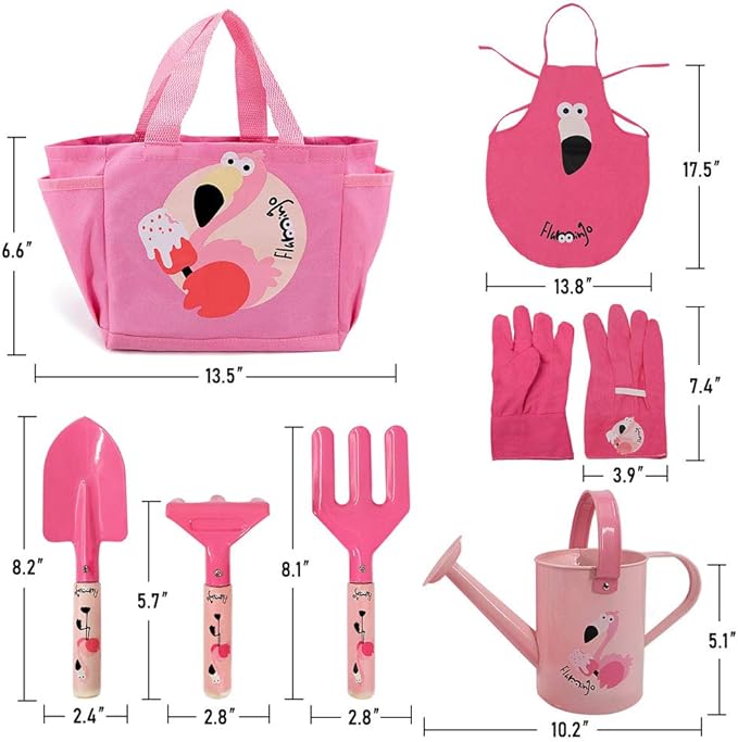 Kids Garden Tools, Yard Tools Kit for Garden, Beach, Outdoor Play, Include Shovel, Rake, Fork, Kids Apron, Tote Bag, Garden Gloves and Watering Can, Educational Garden Toys Gifts for Girls