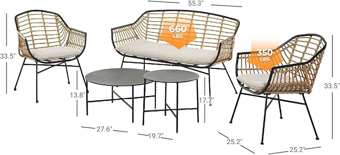 Grand patio 5-Piece Outdoor Wicker Patio Conversation Set with Cushions and Coffee Tables, Boho Wicker Seating Set for Indoor Outdoor, Balcony, Porch, Garden, Deck