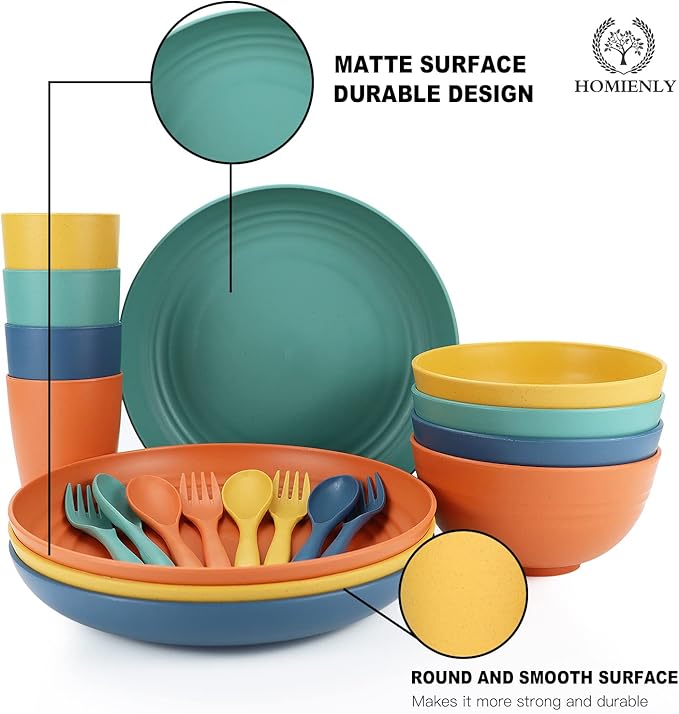 Homienly Wheat Straw Dinnerware Sets, 20pcs Dishes Dinnerware Sets Microwave and Dishwasher Safe, Lightweight Unbreakable Dish Set, Reusable Dinner Plates Kids Plates and Bowls Sets (Multicolor)