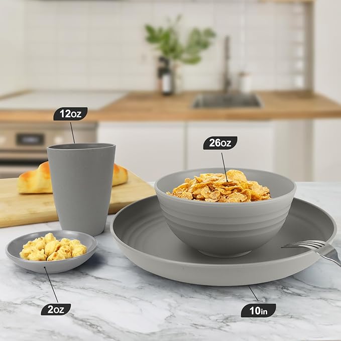 Wrova Wheat straw plates and bowls sets of 16 - Unbreakable wheat straw dinnerware sets for party - Alternative plastic dinnerware set for camping,party and R.V. Grey