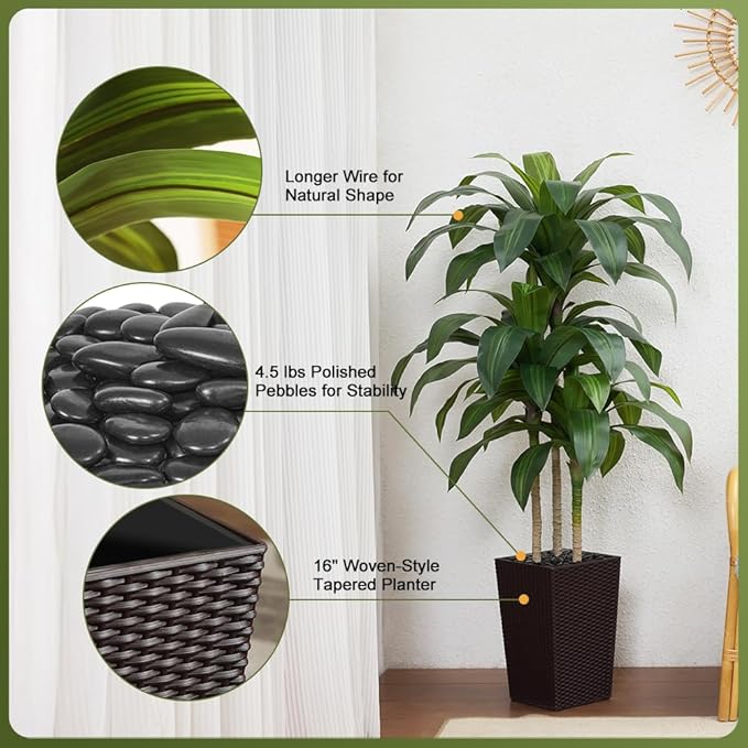 6FT Artificial Dracaena Tree - UV Resistant Faux Tropical Plant, Potted Fake Tree with Taper Planter & Pebbles - Indoor Outdoor Greenery for Home, Porch, Living Room, Bedroom Decor, VN127