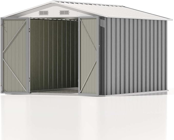 Patiowell 8x10 FT Outdoor Storage Shed, Large Garden Tool Metal Shed with Sloping Roof and Double Lockable Door, Outdoor Sheds for Backyard Garden Patio Lawn,Grey