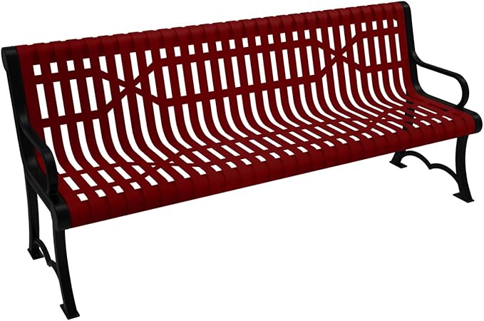 COATEDOUTDOORFURNITURE Heavy-Duty Outdoor Bench Thermoplastic Coated, Slated Steel, Commercial-Grade Garden Bench, Made in America (Portable with Back, 6 Ft, Textured Burgundy)