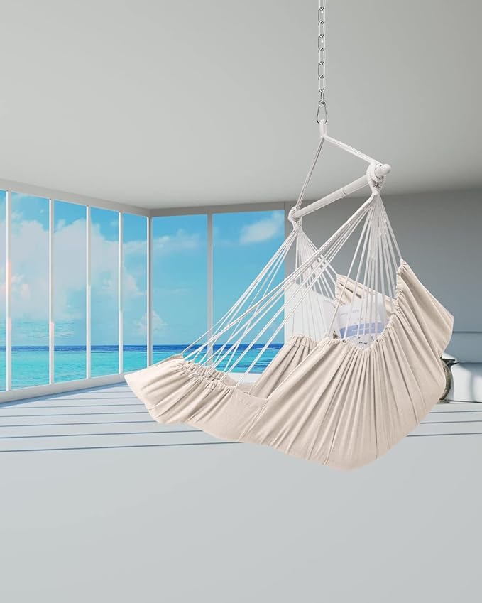 Miztli Hammock Chair Hanging Chair Swing for Bedroom with Foot Rest, Max 500 Lbs, Steel Spreader Bar with Anti-Slip Rings-2 Cushions Included-Indoor and Outdoor