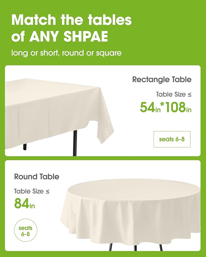 Pureegg Plastic Table Cloth Disposable 8 Pack, 84'' Round Table Cloths, Party, Wedding, Thanksgiving Decorations, Fall Tablecloths, Round, Beige Plastic Cover, Leakproof & Sturdy, Cream, Ivory