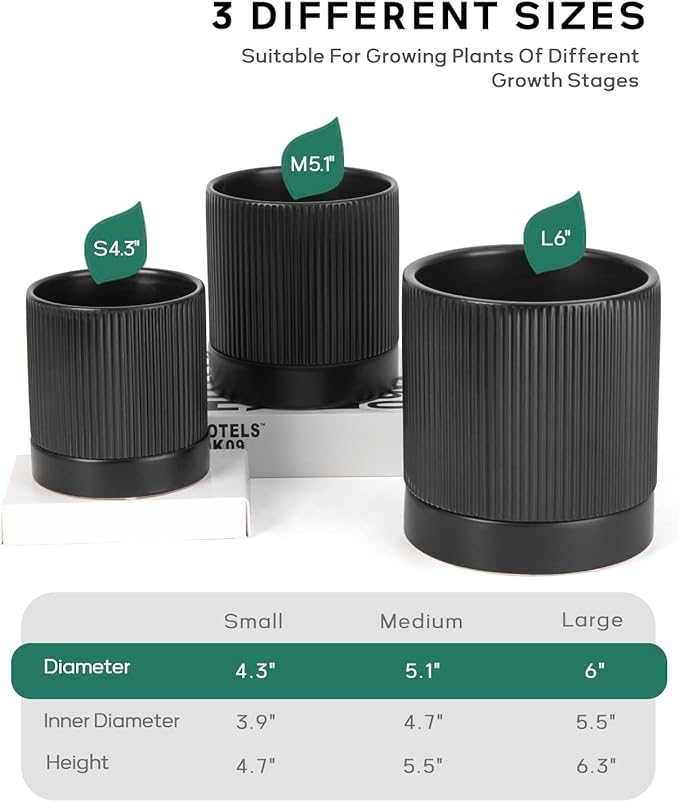 LaDoVita 3 Pack Ceramic Plant Pots 6/5/4 inch, Flowerpot for Indoor Plants with Drainage Holes and Tray, Outdoor Garden Planters, Modern Decorative for Home, Black Vertical Stripes