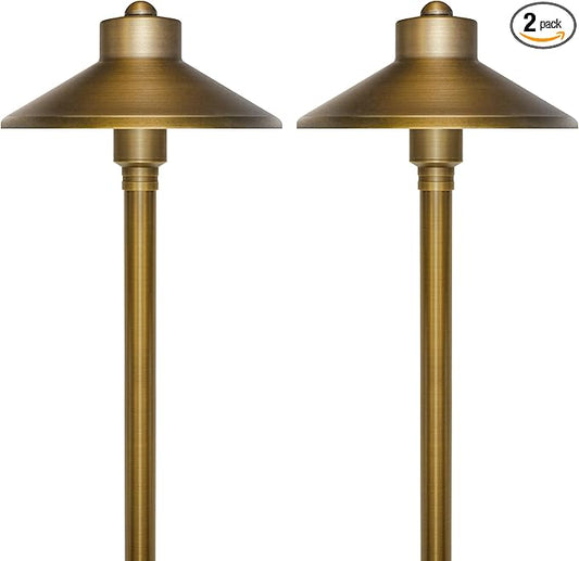 GKOLED Solid Brass Landscape Path Lights (6.7" Shade, 20" Tall), Low Voltage LED 3W 12-24V AC/DC China Hat Path Lighting, 2700K Outdoor Waterproof Walkway Light, with Stake and G4 Bulb, 2 Pack