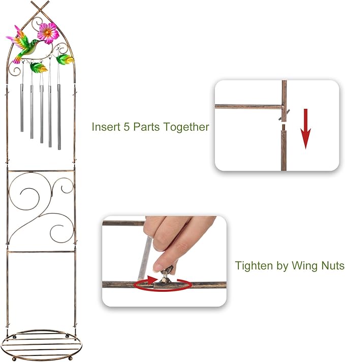 Plant Stands with Garden Trellis, 48” Metal Standing Wind Chimes Plant Pot Trellis with Hummingbird for Garden Patio Backyard Climbing Plants Outdoor Decor