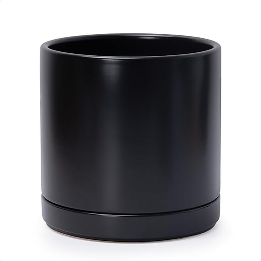 D'vine Dev 10 Inch Ceramic Planter Pot with Drainage Hole and Saucer, Indoor Cylinder Round Planter Pot, Black, 94-O-E-2