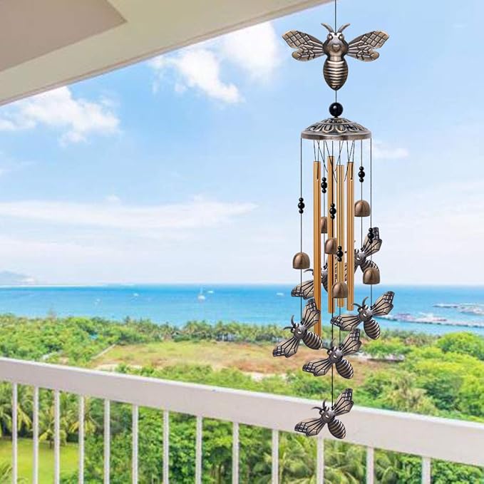 Garden Bee Wind Chimes Outdoor Indoor Decor - with 4 Tubes 6 Bells 7 Bees Wind Chime, Mobile Romantic Bee Wind Catcher, Bees Windchimes for Home, Mom Gifts, Balcony, Tree, Festival, Garden Decoration