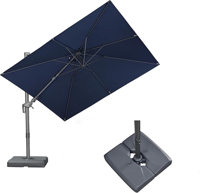 PURPLE LEAF 8' X 8' Swivel Outdoor Patio Aluminum Umbrella with Base Left-right Tilting Cantilever Offset Umbrella with UV Resistant Heavy Duty Fabric for Deck Pool Patio Backyard, Ocean Slate